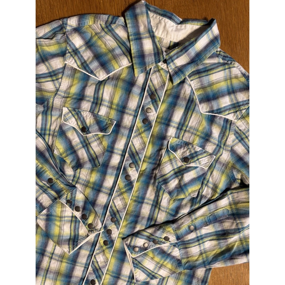 Roper Shirt Women's M Plaid Western Pearl Snap Blue‎ Green Yellow Cowboy Rodeo